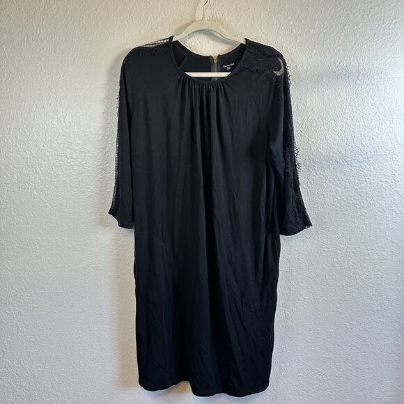 Garnet Hill Dress Knit 3/4 Lace Sleeve Surplice Tencel Black Large Minimalist - Picture 1 of 9